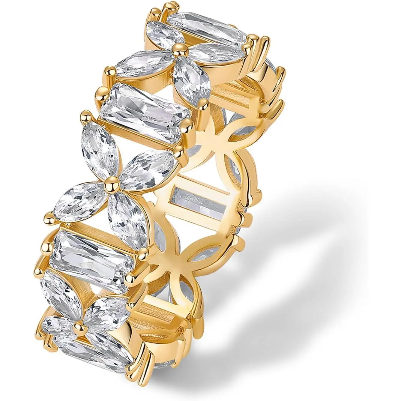Women's 7mm Gold-Plated Marquise Eternity Band Ring - Brass Base, Baguette Cut Cubic Zirconia Chunky Stackable Promise Jewelry - Hypoallergenic Costume Fashion Bridal Accessory, Bridal Wear, Anniversary