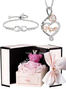 Mom letter necklace paired with infinity love bracelet, Matching Jewelry Set, a Mother's Day gift for daughters, bear and rose gift box, with an inspirational message card, a Mother's Day gift for grandmother/mother-in-law