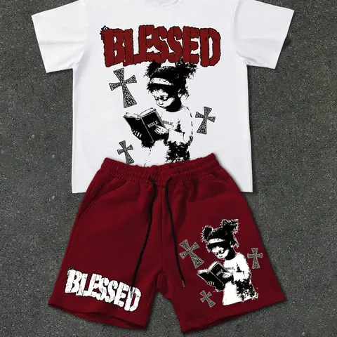 Men's Streetwear Set, Loose Fit Graphic Tee & Drawstring Shorts, High-Quality Soft Material, Faith Style Clothing, Fabric