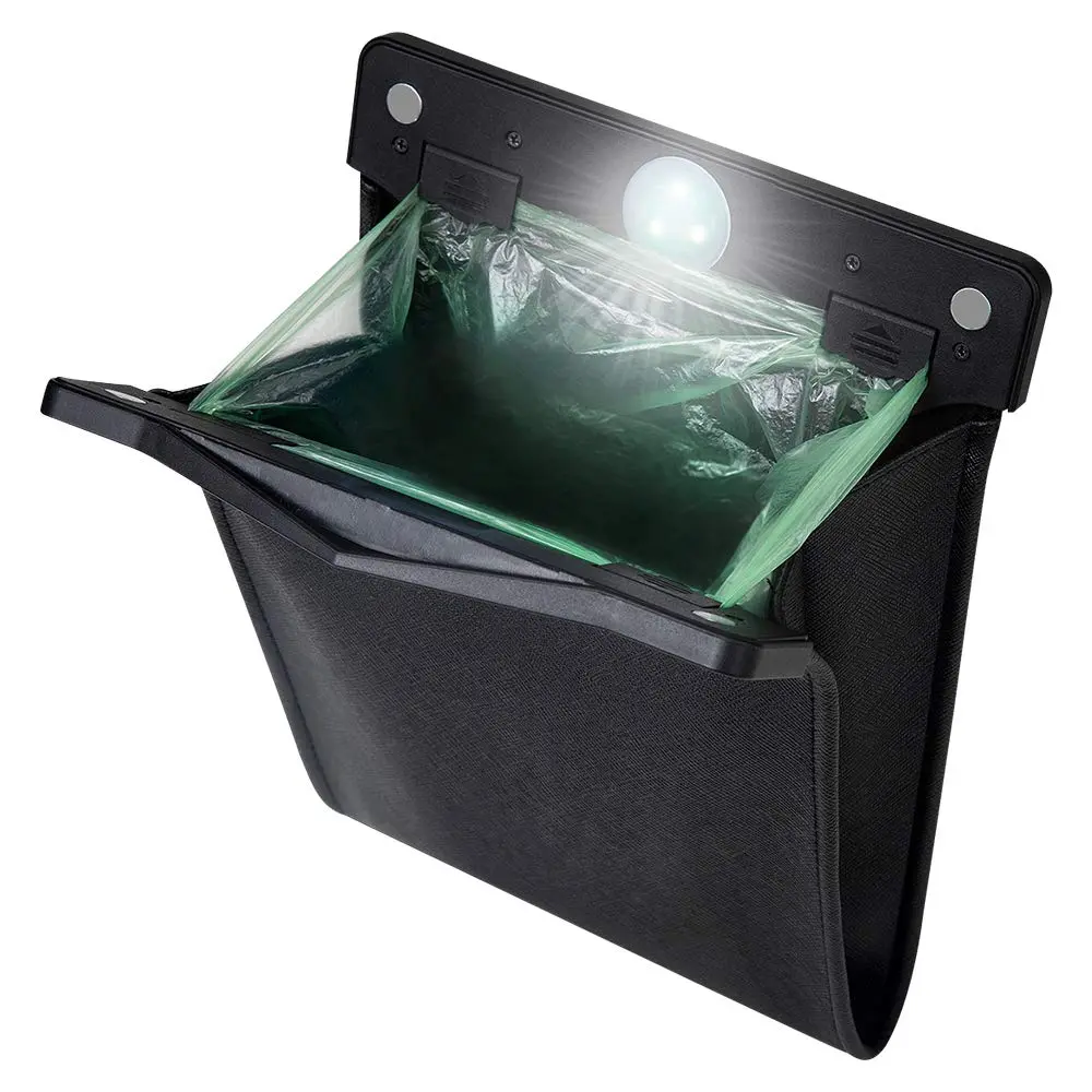 Car Trash Can with Smart LED Light - PU Leather, Waterproof Bag, Compact Front Seat Organizer for Drivers, Hangs Easily, Keeps Clean