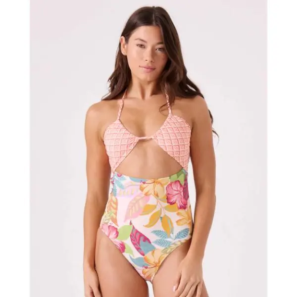 ROXY HOT TROPICS Peek A Boo Cut Out One Piece Swimsuit - Tropical Print Moderate Coverage with Adjustable Halter Neck & Tie Front Detail