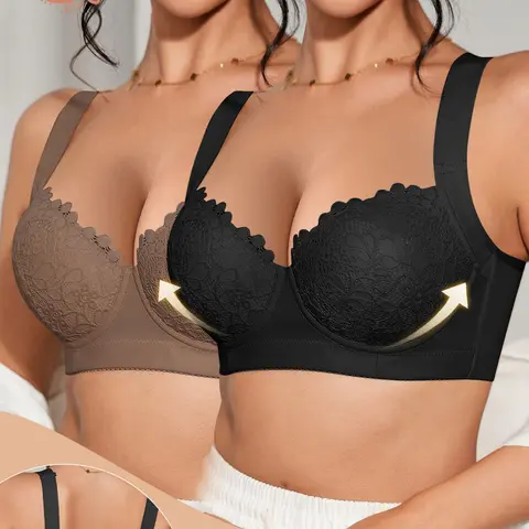 2PCS Women's sexy feminine lace push-up and shaping Slim Floral lace bras, Bra Cup Supports Womenswear Underwear featuring underwire for lift support design to gather underarm flab, elegant, chic, comfortable, Soft breathable, suitable daily wear