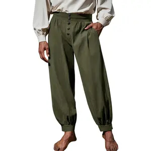 PASLTER Halloween Mens Medieval Pirate Pants Renaissance Viking Knicker Colonial Halloween Cotton Gothic Costume Trousers Menswear Pocket
