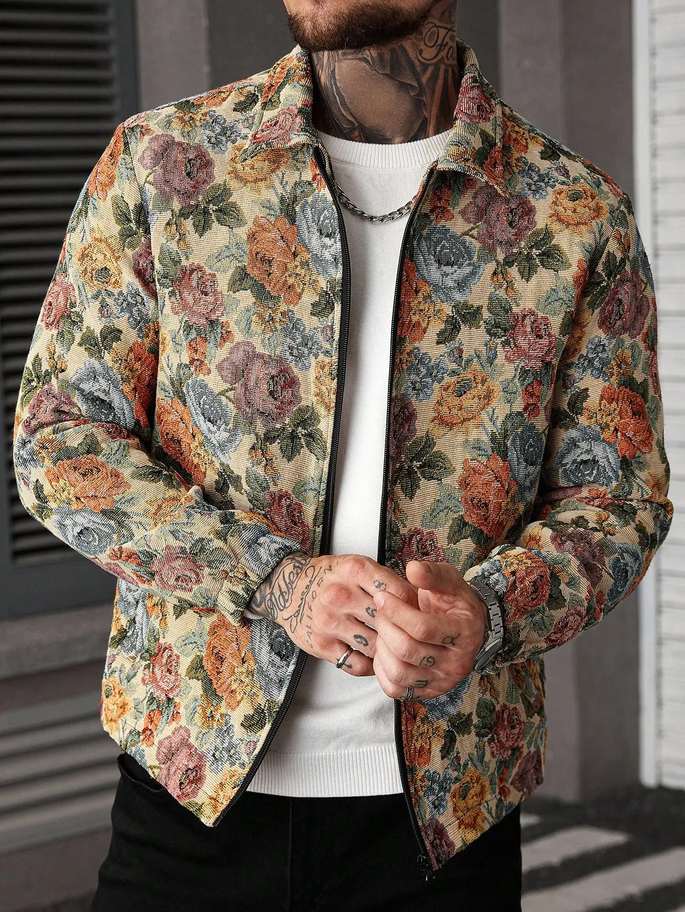 Men’s autumn/winter jacquard casual jacket, premium knit fabric, fashionable multicolor floral design, men’s lapel zip jacket, non-stretch regular fit, versatile outerwear