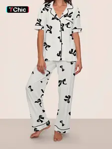 Women's Bow Print Pajama Set, Casual Thin Lightweight Fabric with Short Sleeve Shirt and Long Pants for All Seasons, Cozy Sleepwear and Loungewear for Autumn & Winter