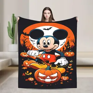 DISNEY CLASSIC Halloween Mickey Bat Pumpkin Flannel Blanket - Soft, Warm, Cartoon Design, Sofa, Bed, Office, Blanket for Couch