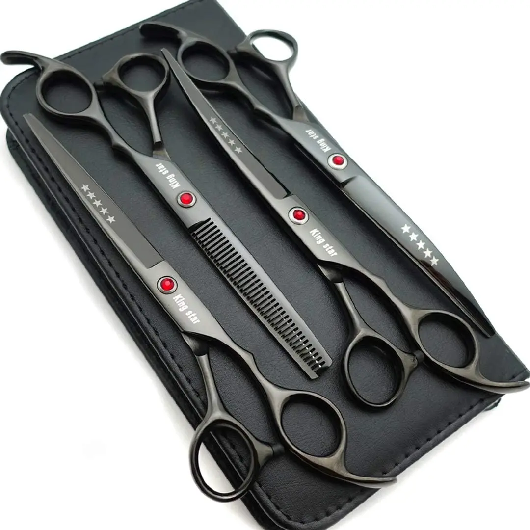 Professional 7.0in Titanium Dog Grooming Scissors Set - 4pcs Kit with Straight, Thinning, Curved Scissors (Bright Black)