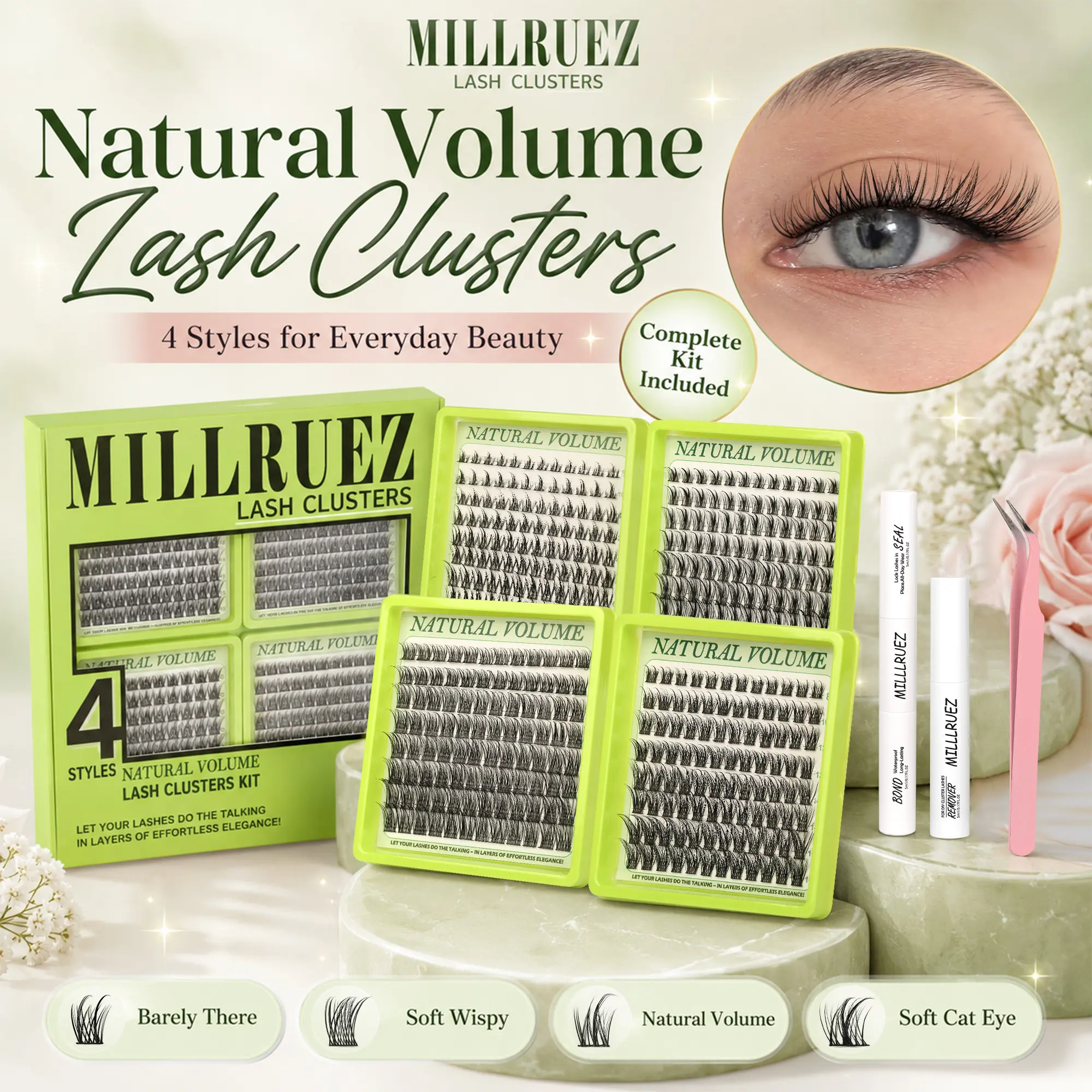 4 Nature Styles Lash Clusters Kit, Cat/ Deer/ Fairy/ Rabbit Eyelash Clusters Extensions with Everything You Need for Beginners and Proficient, DIY at Home Easily