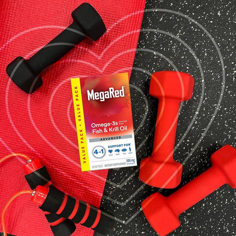 Megared Omega-3 Fish Oil + High Absorption Krill Oil 500mg Softgels, MegaRed Advanced 4in1 (80 count in a bottle) Concentrated Omega-3 Fish & Krill Oil Supplement