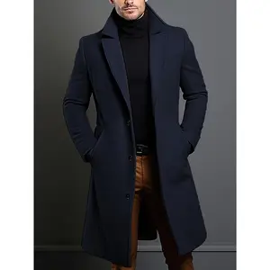 Men'S Classic Solid Color Polyester Long Sleeve Coat with Notch Lapel and Welt Pocket Design, Casual Style, Non-Stretch Fabric, Button Detail, Regular Fit for Daily Commuting Business Fall/Winter Collection