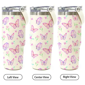 1 Pc 30oz insulated mug, double wall stainless steel vacuum cup, Thermos cup, skinny design with straw lid, leak proof, keeps hot 12 hours and cold 24 hours, cute pastel butterfly & flower print, perfect for iced coffee, water, creative gift for women men