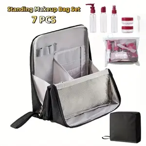 7-Piece Standing Cosmetic Bag Set, Multifunctional Large Capacity Makeup Organizer with Compartments, Portable Travel Essentials Toiletry & Stationery Storage Bag, Travel Cosmetic Bags