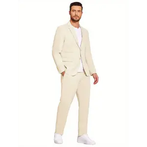 Men's 2 Piece Linen Suits Set Regular Fit Casual Lightweight Blazer Jacket and Pants