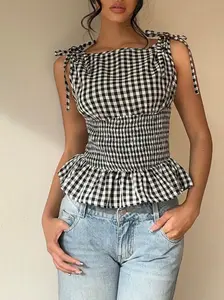 【Soft Mood】Women's Top Plaid Waist Top Boat NeckStock Up DealsWaist Tie Ruffle Hem Shoulder Tie Tank Top SummerCute Y2k Commute Daily Elastic