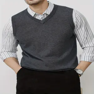 1pc Men'S Casual V-Neck Solid Color Knit Sleeveless Sweater Vest - Polyester Pullover with Slight Stretch for Spring/Fall Skinny Fit Knitted Tank Top