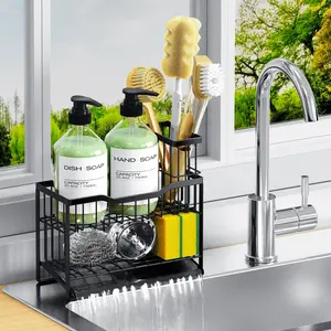 2-Tier Self-Draining Sponge Holder for Kitchen Sink - Rustproof Non-Slip Sink Caddy with Dish Brush Holder & Fits for Most Soap Dispensers - Black