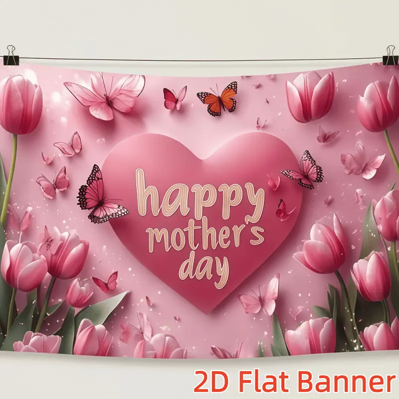 1PC Printed Polyester 2D Flat Backdrop Banner Sheet - Blush Pink Romantic Heart, Butterfly, Tulip Themed 1-Piece Reusable Decorative Indoor Wall Cloth for Happy Birthday, Festive Parties