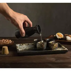 Japanese Dark Brown and White Speckled Ceramic Sake Set, with 4 Shot Glasses, Serving Tray, and Carafe Bottle, Cork Lid