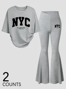 Tiktok Daily Essential Set, College Style Sweet Cool Short Sleeve & Bell Bottom Pants 2 Packs, Soft Skin-Friendly Fabric