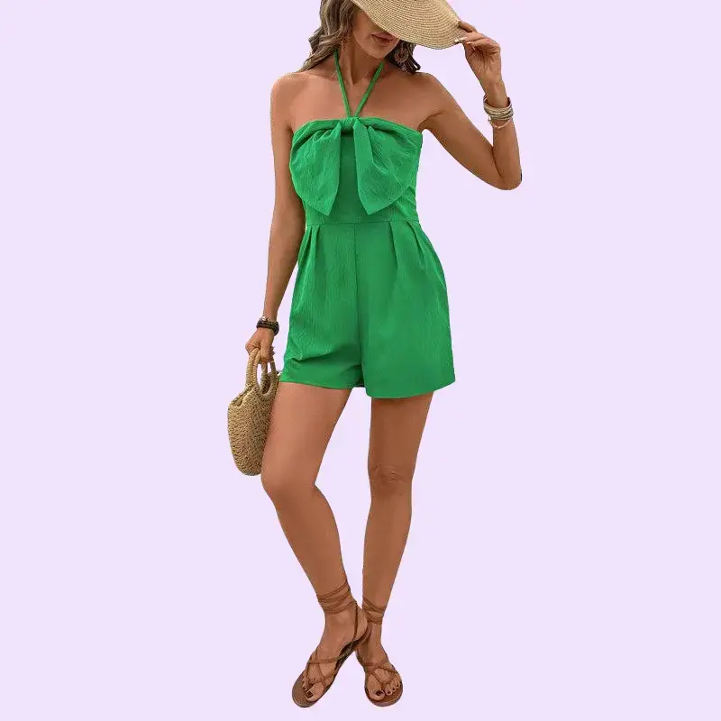 Women's Sleeveless Thin Polyester Bow Halter Sling Backless Short Straight Pants Jumpsuit - Casual 1-Piece Overall for Party, Beach Boho Wear