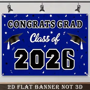 2D Flat Banner, 1pc 2026 Congrats GRAD Backdrop, Blue White Glitter Background, Class of 2026 Graduation Party Photo Booth Props, Grad Congrats Party Banner, Prom Party Decoration