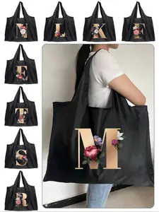 Reusable Lightweight Shopping Bag with Initial Letter Print, Foldable Large Capacity Handbag, Casual Travel Storage Bag for All Seasons