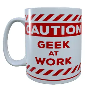 Caution Geek At Work 15 oz Mug - Red Warning Design with White Text - Reusable Ceramic Drinkware for Coffee and Tea