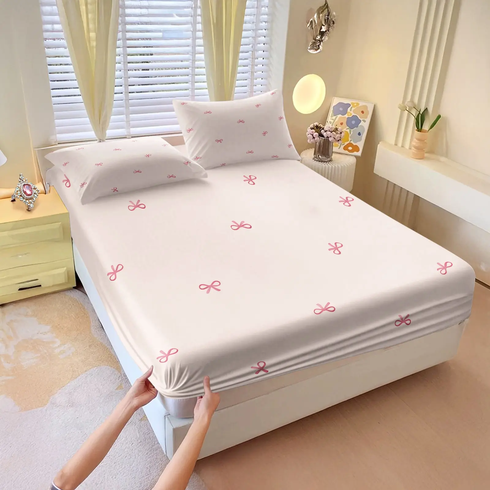 Matching color scheme, striped and bow-knot pattern printed fitted sheet set, Bed linens, Includes 1 Fitted Sheet & 2 Pillowcases, breathable, comfortable bedding, multiple styles available, suitable for gifting or personal use
