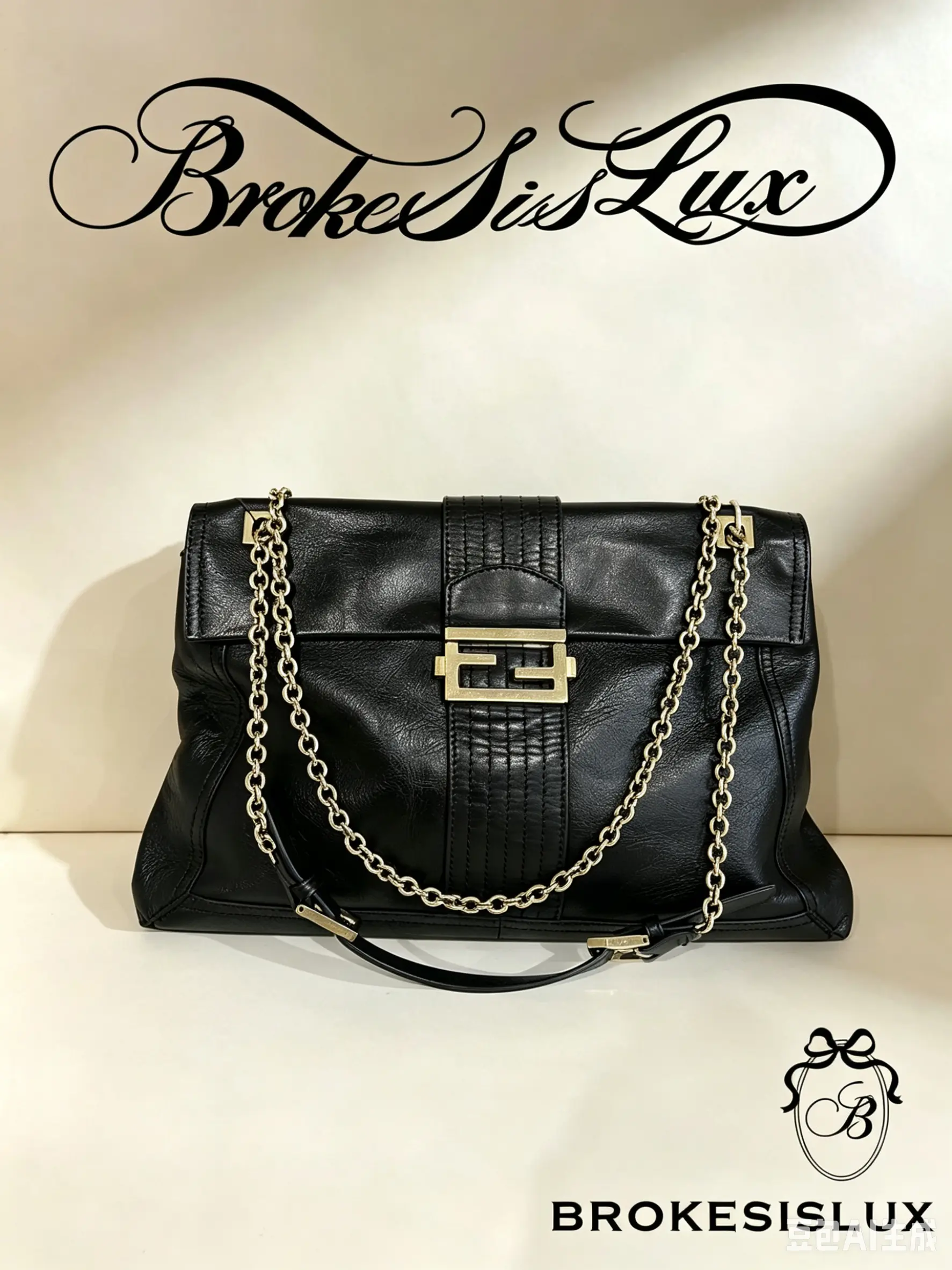 Pre-owned FENDI Black Leather FF Turnlock Chain Bag | Retro Oversized Flap Shoulder Purse