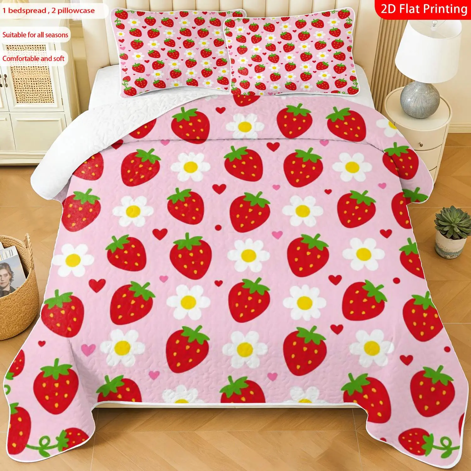 3pcs, 2D Flat Print Elegant Strawberry & Daisy Pattern Romantic Floral Quilted Bedspread Set, Multiple Sizes Available, Bedding Set, Festive Decorative Bedding, Ideal for Bedroom Decor(1 bedspread , 2 pillowcase)