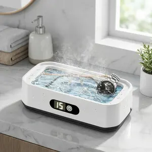 Ru Ultrasonic Cleaner Machine 304 Stainless Steel Tank Sonic Cleaning Device for Eyeglasses Rings Watch Bands Dentures Retainers Coins Makeup Tools and Small Metal Parts Home and Travel Use