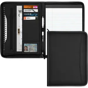 Zippered Portfolio Organizer/ A4 Refillable Lined Writing Notepad Folder Case/Fabric-Covered Padfolio Binder with Interior Storage Pocket for Men Women.Classic Black