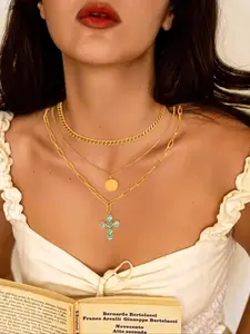 Turquoise Texture Layered Cross Pendant Necklace, Boho Style Layered Necklace for Party, Daily Clothing Decor, Trendy All-match & Exquisite Jewelry for Birthday Gift, Cross Necklaces