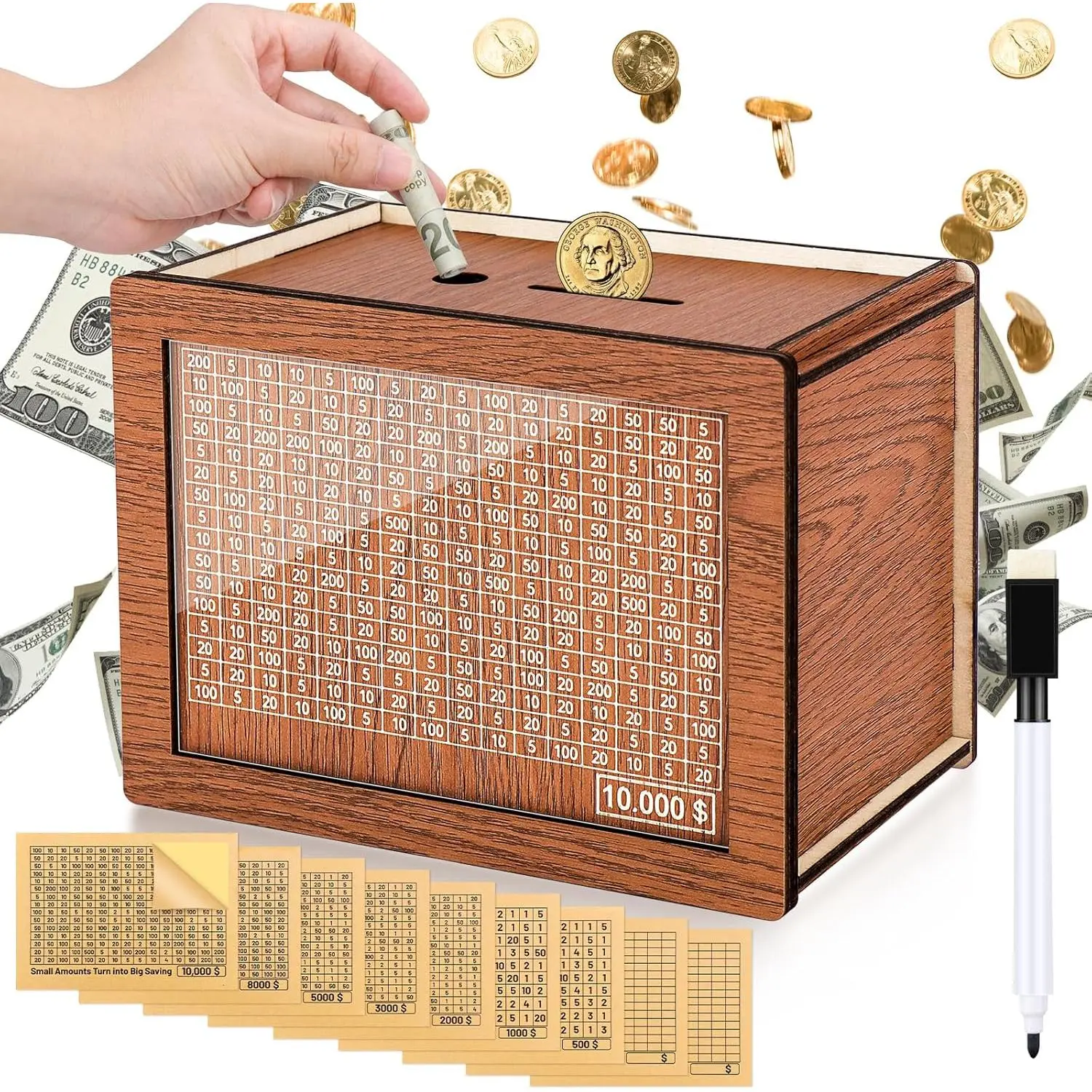 Wooden Money Box for Cash 10000, Plus Size 10000 Savings Challenge Box, Reusable Kakeibo Money Saving Box with 9 Saving Goals 10000 8000 5000 3000 2000 1000 500 Dollars for Kids Adults
