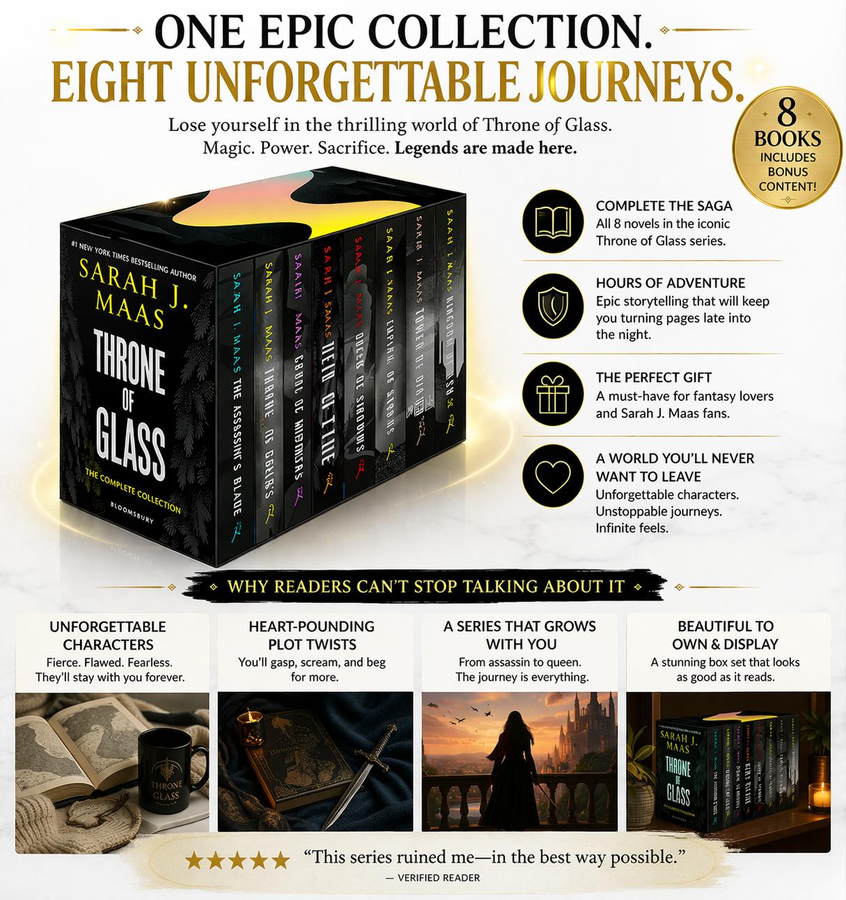 Throne of Glass Complete 8 Book Paperback Set by Sarah J Maas Fantasy Romance Series YA Book Box Collection Gift for Book Lovers