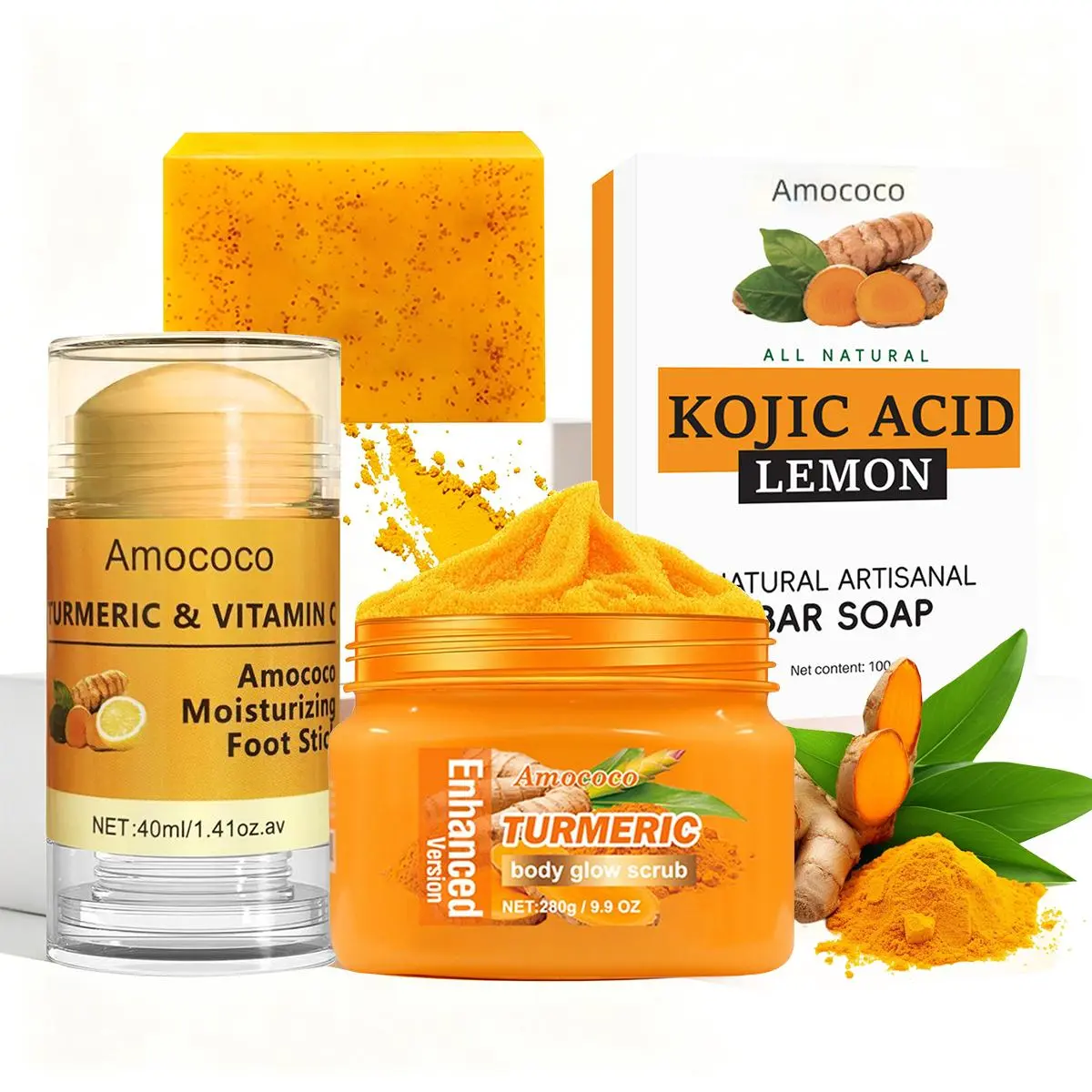 Turmeric Series Full Body Care Set - Contains Turmeric Soap, Body Scrub, and Heel Repair Stick, suitable for daily deep cleansing care, with natural plant-extract gentle nourishment.