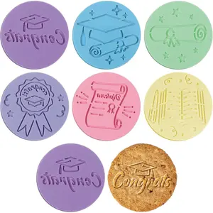 6 Pcs Cookie Stamp Tool Cake Embosser Cutters Mini Cake Mold Fondant Stamp 3D Design Cookie Embosser for Party Supplies Kitchen DIY Baking Tools (Congrats)