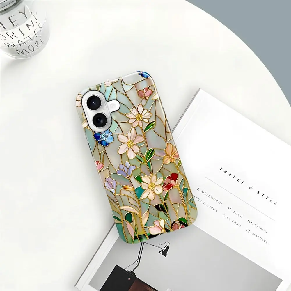 Case Compatible with iPhone 17 Pro Max,Fall Prevention Bright Hybrid 2-Layer Hard Shell Phone Case for Girls Boys,Stained Glass Bloom Flower