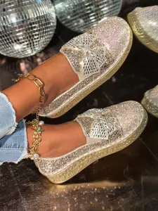 Women's Rhinestone Bow Sequin Slip-On Shoes, New Arrival, Thick Sole, Lazy Casual Footwear, Comfortable and Stylish, Perfect for Daily Wear