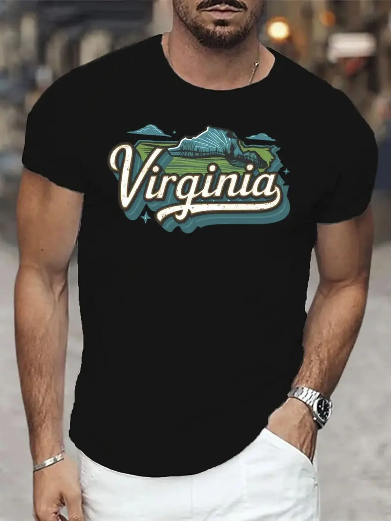 Men's Virginia State Map  Skyline T-Shirt - 100 Co unisex soft cotton short sleeve t shirt, vintage graphic casual tee for men women teens, perfect birthday holiday gift for camping travel gym daily street casual wear