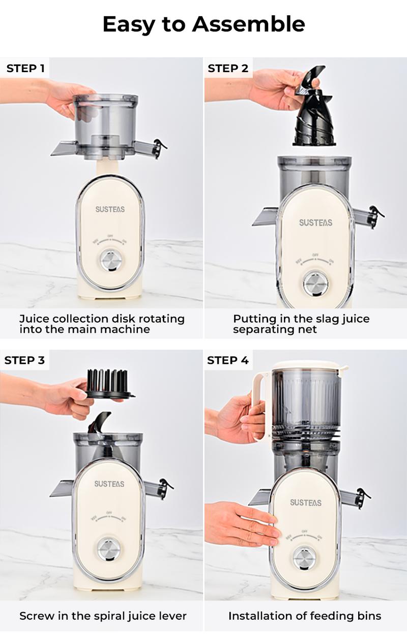 SUSTEAS Cold Press Juicer Large Inlet 5.3" Feed Chute Slow Masticator High Yield 98% Juice Extractor Easy Clean Portable Blender for Whole Fruit Juicing