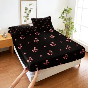 Black fitted sheet set with bow print Bed Set.Includes 1 Fitted Sheet & 2 Pillowcases without Filler,Simple and stylish,Perfect as a holiday gift for friends,Multiple styles available for family, partners, and lovers.