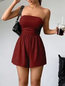 Burgundy Romper: Sexy Strapless Ruched Tube Romper for Women - Casual Backless Jumpsuit