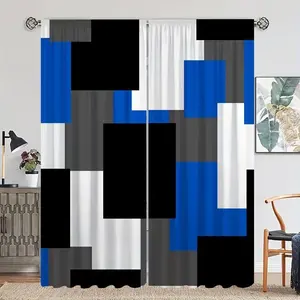 2pcs HD Digital Print Curtains, Living Room Bedroom Rod Pocket Curtains, Geometric Blue Effect Style, Home Decor