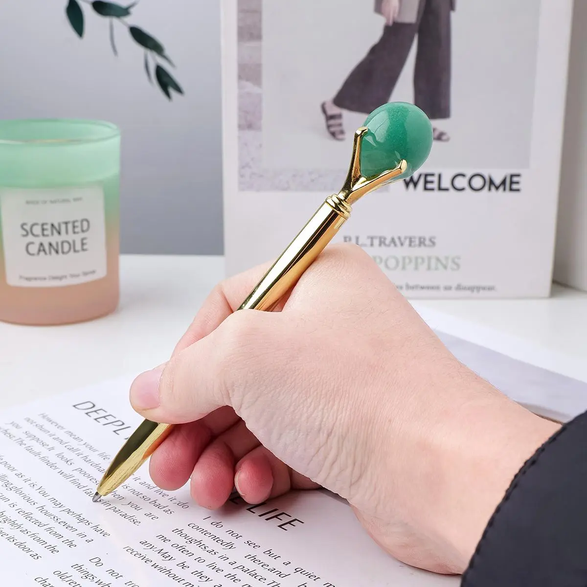 Natural Crystal Tumble Stone Amethyst Gem Metal Pen, Office Sign Pen, Stationery for Students Writing, Home Decor, Fengshui Ornaments