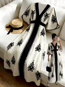 Women's Bohemian Ethnic V-Neck Bell Sleeve Waist-Cropped Long Dress, Perfect for Vacation, Travel, Parties, Dates, Summer Commute, Daily Wear