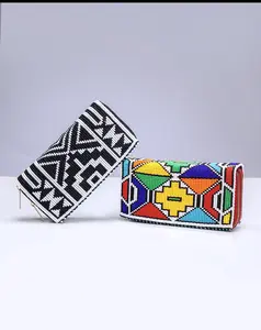 Nzingha Beaded Wallet - Striped Design with Colorful Geometric Patterns and Black and White Stripes