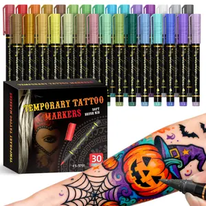 Temporary Tattoo Markers for Skin, 10-Count Body Markers, 10 Colors Tattoo Pens, Flexible Brush Tip, Bright Colors, Halloween Makeup