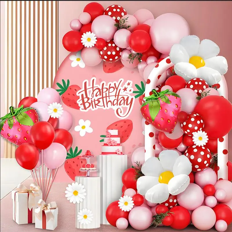 108pcs Strawberry Themed Balloon Arch Set, Balloon Garland, Balloon Arches Decorations, Balloon Decorations Kit, Balloon Arch Backdrop, Balloon Party Supplies, Daisy and Balloons for Girls Birthday Parties, Baby Showers, One Year Celebrations
