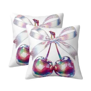 JIT 2PCS Printed Series Cherry, Bowknot Luxurious and High-Quality Cushion Covers, Living Room Sofa Soft Pillow Covers, Boutique Bedside Cushions for Guesthouses, Nordic Holiday Decorative Short Plush Sofa Cushion Covers (Pillow Insert Not Included)